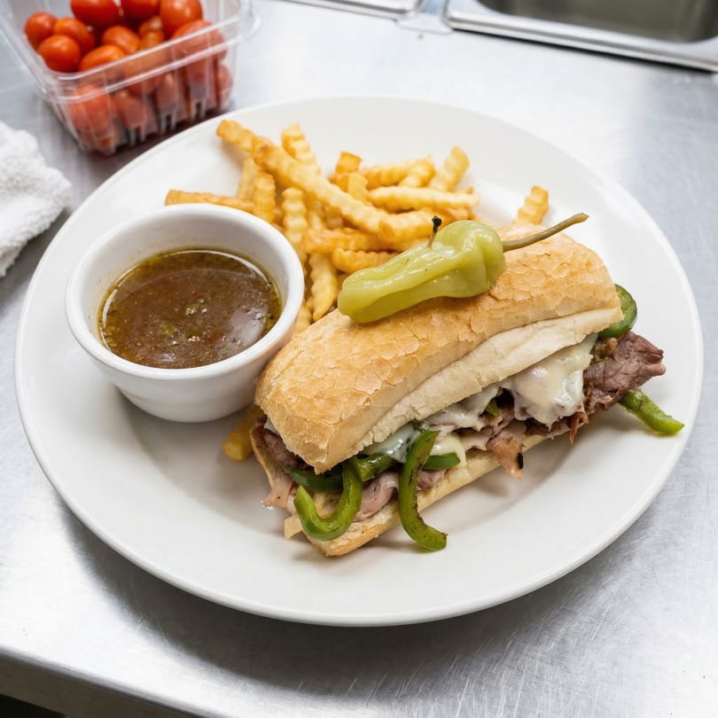 A Philly cheesesteak sandwich with fries and a side of au jus on a white plate.
